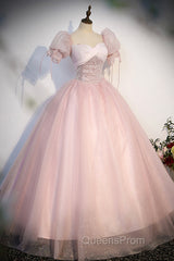 Pink Tulle Sequins Long Evening Prom Dress, Lovely A-Line Short Sleeve Evening Party Dress