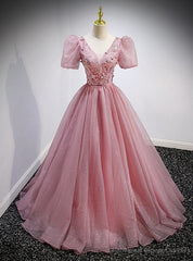 Pink Tulle Sequins V-neck Puff Sleeve Beading Prom Dress