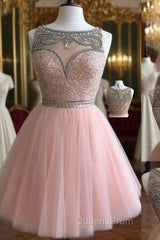 Pink Tulle Short Evening Prom Dress For Teens, Pink Homecoming Dress