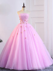 Pink Tulle Strapless Appliques Sweet 16 Quinceanera Dresses With Pearls