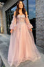 Pink Tulle Strapless Puff Sleeve A-Line Classy Prom Dress