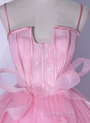 Pink Tulle Straps Ball Gown Long Sweet 16 Dress, Pink Tulle Formal Dress