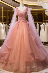 Pink Tulle Sweet 16 Party Dress With Lace Applique, Long Formal Gown