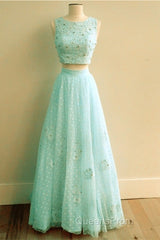 Pink Tulle Two Piece Evening Prom Dress Lace Crop