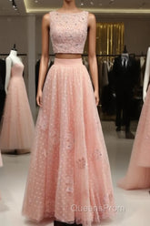 Pink Tulle Two Piece Evening Prom Dress Lace Crop