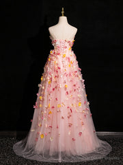 Pink Tulle with Flowers Sweetheart Straps Long Evening Dress, Pink Tulle Prom Dress