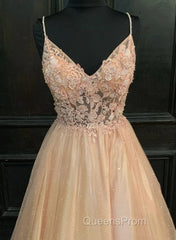 Pink Tulle With Lace Applique Beaded V-Neckline Evening Prom Dress, Pink Long Party Dress