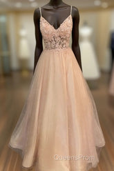Pink Tulle With Lace Applique Beaded V-Neckline Evening Prom Dress, Pink Long Party Dress