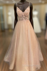 Pink Tulle With Lace Applique Beaded V-Neckline Evening Prom Dress, Pink Long Party Dress