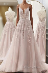 Pink Tulle With Lace Applique Low Back Evening Prom Dress, Pink A-Line Tulle Party Dress