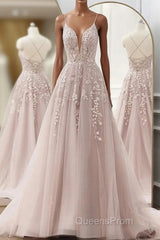 Pink Tulle With Lace Applique Low Back Evening Prom Dress, Pink A-Line Tulle Party Dress