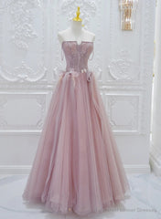 Pink Tulle with Lace A-line Prom Dress, Pink Tulle Party Dress