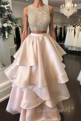 Pink Two Pieces Beaded Long Evening Prom Dress, Pink Evening Dress