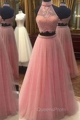 Pink Two Pieces Lace Tulle Long Evening Prom Dress, Pink Evening Dress