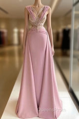 Pink V-Neck Fitted Satin Lace Long Evening Prom Dress