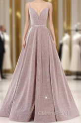 Pink V Neck Sequin A Line Evening Prom Dress With Slit