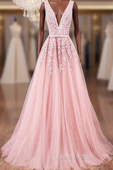 Pink V Neck Tulle Lace Applique Long Evening Prom Dress, Pink Bridesmaid Dress
