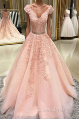 Pink v neck tulle lace applique long Evening Prom Dress, pink tulle evening Dress