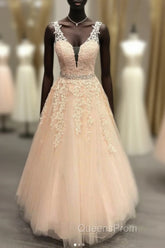 Pink V Neck Tulle Lace Long Evening Prom Dress Pink Evening Dress