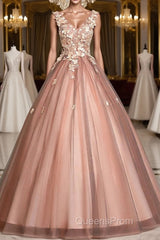 Pink v neck tulle lace long Evening Prom Dress pink tulle formal Dress