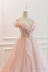 Pink V-Neck Tulle Long Prom Dress, Off the Shoulder Evening Graduation Dress