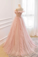 Pink V-Neck Tulle Long Prom Dress, Off the Shoulder Evening Graduation Dress