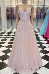 Pink V Neck Tulle Sequin Long Evening Prom Dress Pink Tulle Evening Dress