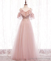 Pink V-neckline Lace Off Shoulder Long Party Dress, Pink Floor Length Formal Dress