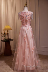 Pink V-Neckline Tulle Beaded With Lace Applique Evening Prom Dress, Pink Party Dress