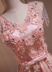 Pink V-Neckline Tulle Beaded With Lace Applique Evening Prom Dress, Pink Party Dress