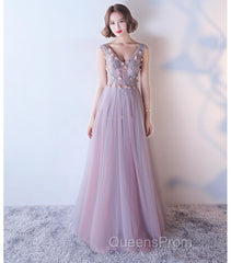 Pink V-Neckline Tulle With Flowers Beaded Long Party Dress, Junior Evening Prom Dress