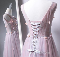 Pink V-Neckline Tulle With Flowers Beaded Long Party Dress, Junior Evening Prom Dress