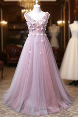 Pink V-Neckline Tulle With Flowers Beaded Long Party Dress, Junior Evening Prom Dress