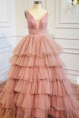 Blue V Neck Tiered Sleeveless Tulle Evening Prom Dress, Gorgeous Long Party Dress