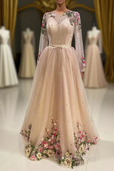 A Line Tulle Long Evening Prom Dress with Flowers, Pink Long Sleeves Party Dress with Beading