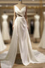 Pleated V Neck High Slit Satin Wedding Dress