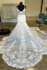 Plunging V Neck Appliques Trumpet Sweeping Wedding Dress