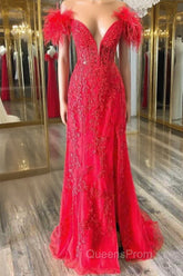 Plunging V-Neck Red Feather Shoulder Long Evening Prom Dress Gala Evening Gown