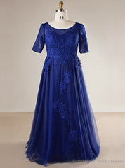 Plus Size Blue Tulle Appliques Short Sleeve Long Prom Dress
