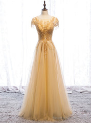 Popular Gold Tulle Cap Sleeve Scoop Beading Prom Dress