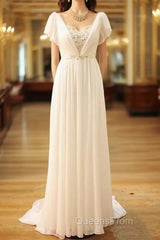 Popular Vintage Wedding Dress Bohemia Short Sleeves Beads Peals Chiffon Bridal Dress