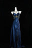 Pretty A Line Halter Sleeveless Navy Blue Slit Beads Long Classy Prom Dress Classy Evening Dress