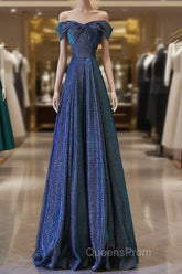 Pretty A Line Off The Shoulder Blue Sequin Long Evening Prom Dress Evening Gowns
