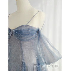 Pretty A Line Off The Shoulder Blue Sequin Tulle Long Length Evening Dress Evening Prom Dress