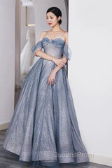 Pretty A Line Off The Shoulder Blue Sequin Tulle Long Length Evening Dress Evening Prom Dress