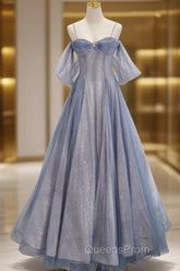 Pretty A Line Off The Shoulder Blue Sequin Tulle Long Length Evening Dress Evening Prom Dress