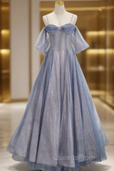 Pretty A Line Off The Shoulder Blue Sequin Tulle Long Length Evening Dress Evening Prom Dress