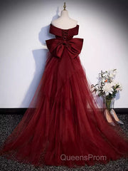 Pretty A Line Off The Shoulder Burgundy Satin Long Evening Party Dress Evening Prom Dress With Bow