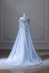 Pretty A Line Off The Shoulder Floor-Length Blue Sequin Short Sleeves Evening Dress Evening Prom Dress