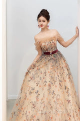 Pretty A Line Off The Shoulder Long Sleeves Floral Tulle Long Length Evening Dress Evening Prom Dress